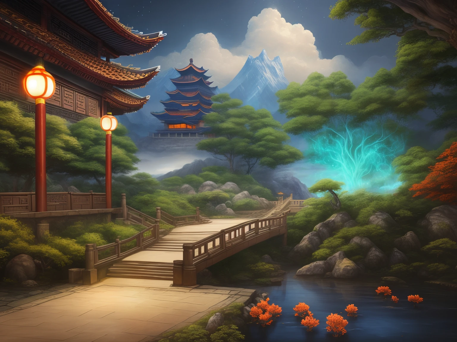 rich details​，tmasterpiece, 8K, An open magical scroll painting，The scroll depicts the scenery of great rivers and mountains，There is a small tree growing on the scroll，A dark green glowing golden spruce tree，Ancient Chinese Mythology and Art，antique art，The background is decorated with auspicious clouds and silk ribbons，Elegant and peaceful atmosphere，concept art illustration，Ink painting color blooming，Light painting rendering，Xianxia large-scale game CG scene