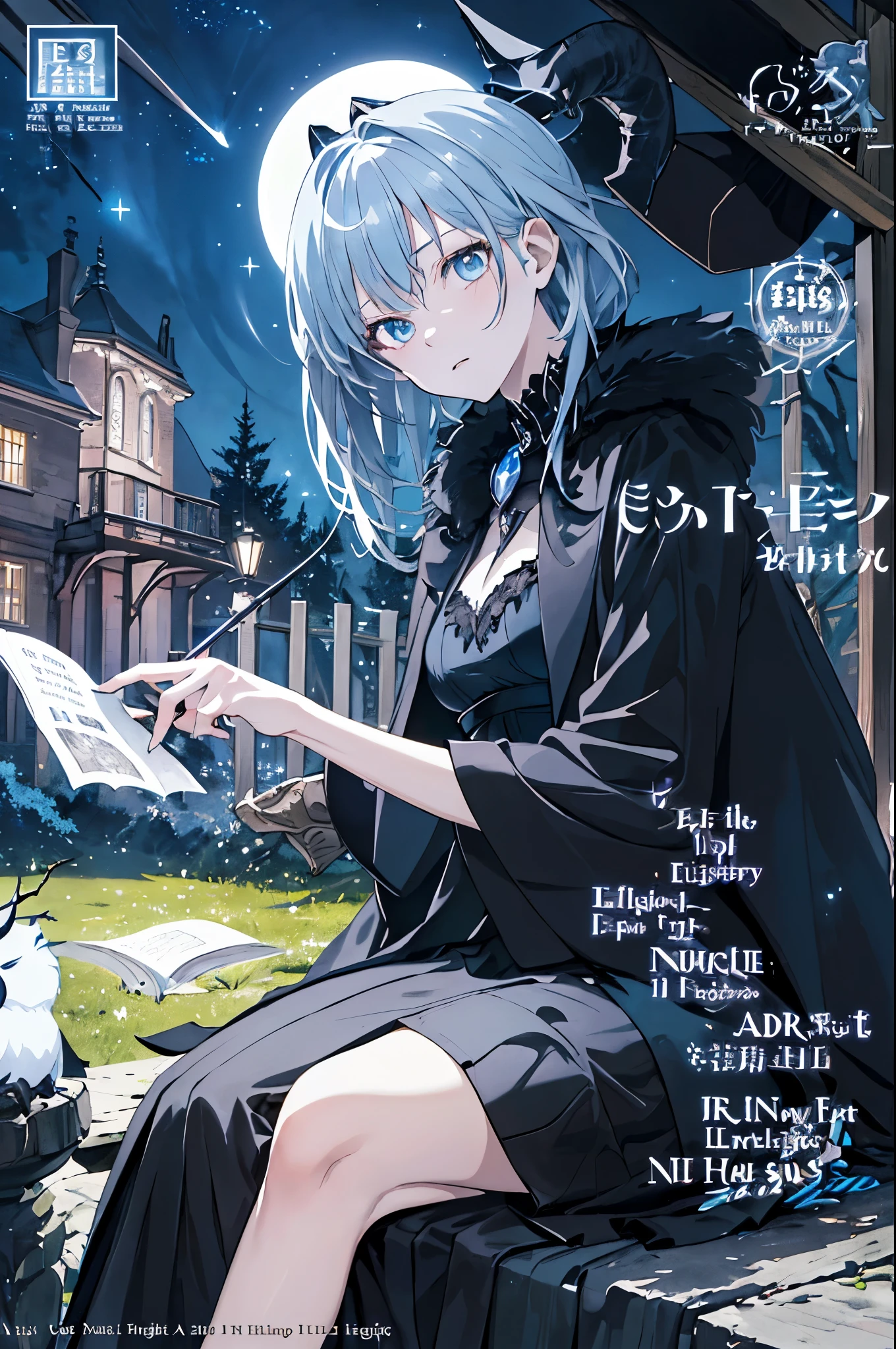 ((masterpiece)), ((expressionless quality)), ((illustration)), 1 young and gorgeous girl, There is a pair of brownish-black horns on the head, light blue hair, light crystal blue eyes, beautiful eyes, fantasy, gothic, cute witch outfit, embarrassed, blunt bangs, full body, sitting, ((looking to the side)), noble, mysterious, dark background with moonlit highlights, in a moonlit forest, moonlight filters through the leaves, owl hooting, river reflecting the moonlight, close-up, (magazine:1.3), (cover-style:1.3), fashionable, woman, vibrant, outfit, posing, front, colorful, dynamic, background, elements, confident, expression, holding, statement, accessory, majestic, coiled, around, touch, scene, text, cover, bold, attention-grabbing, title, stylish, font, catchy, headline, larger, striking, modern, trendy, focus, fashion, (((transparent background with a night sky)))
