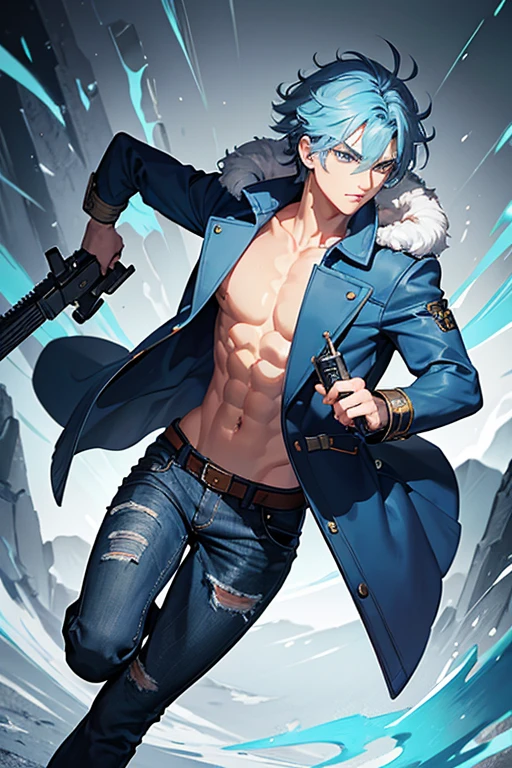 Highly detailed, (masterpiece), best quality, expressive eyes, perfect face, 1boy, messy hair, short hair, light blue hair, blue eyes, muscular body, Squall_leonhart, Blue Jacket & Jeans, fur trim, long sleeves, white T-shirt, Holding a Gun Blade, combat boots, front view, full body