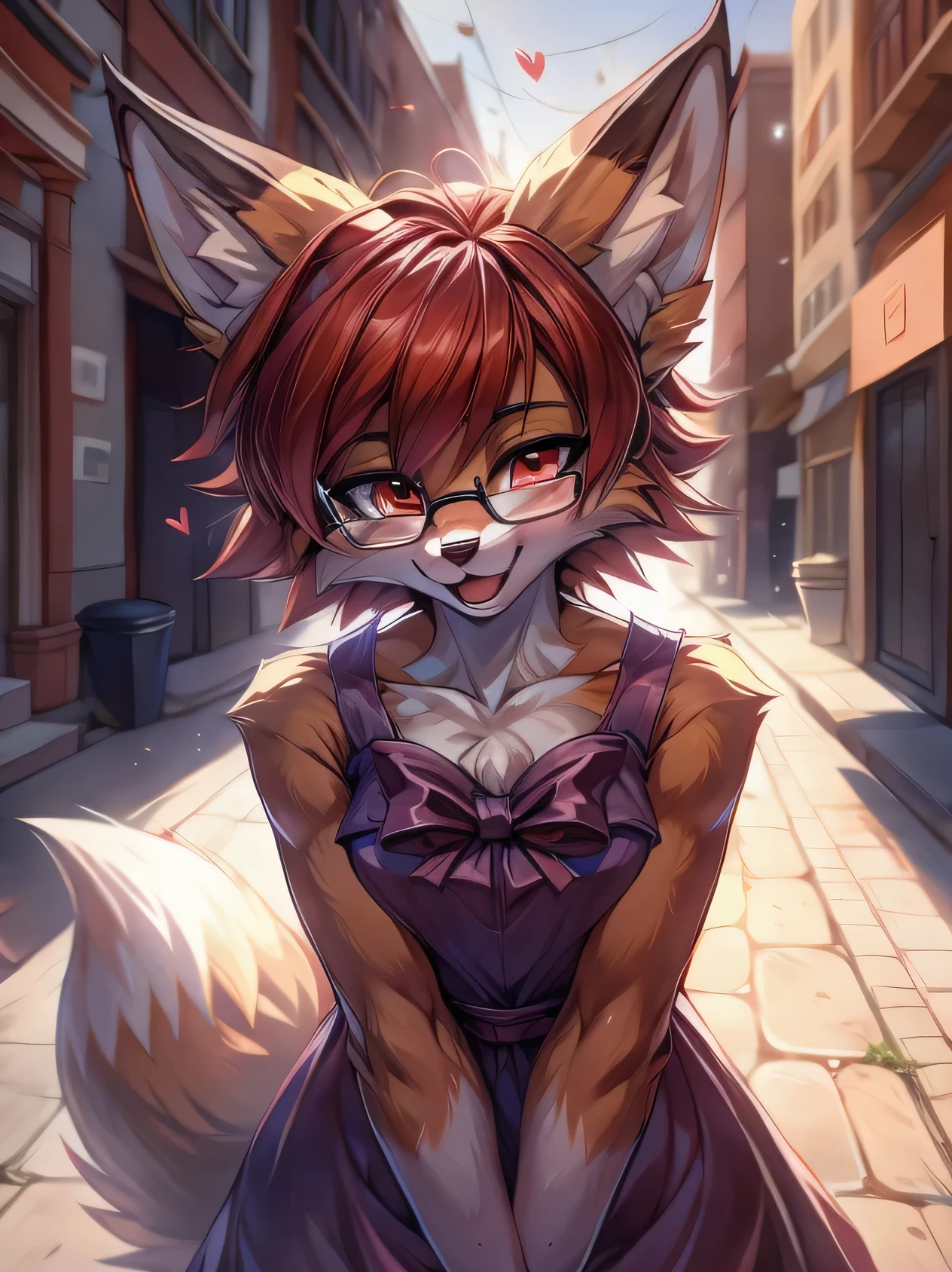 fox furry girl with short red hair, fluffy hair shy, beautiful red eyes, wearing glasses,  very  fluffy tail, small chest, bow in hair, , happy , happy mouth, young body, Good girl, wearing a dress, in the streets, being adorable, blushing, hands on her dress, closed eyes, leaning in for a kiss, tilted head, wanting to be loved,