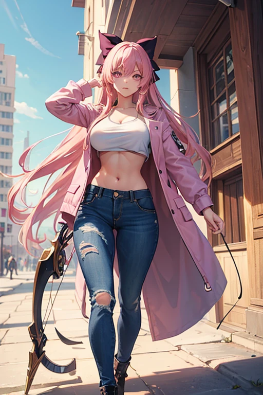 Highly detailed, (masterpiece), best quality, expressive eyes, perfect face, 1girl, straight hair, long hair, pink hair, pink eyes, sexy body, huge breast, Pink Jacket & Jeans, Pink Bra, Holding a Bow & Arrow, combat  boots, side view,  full body