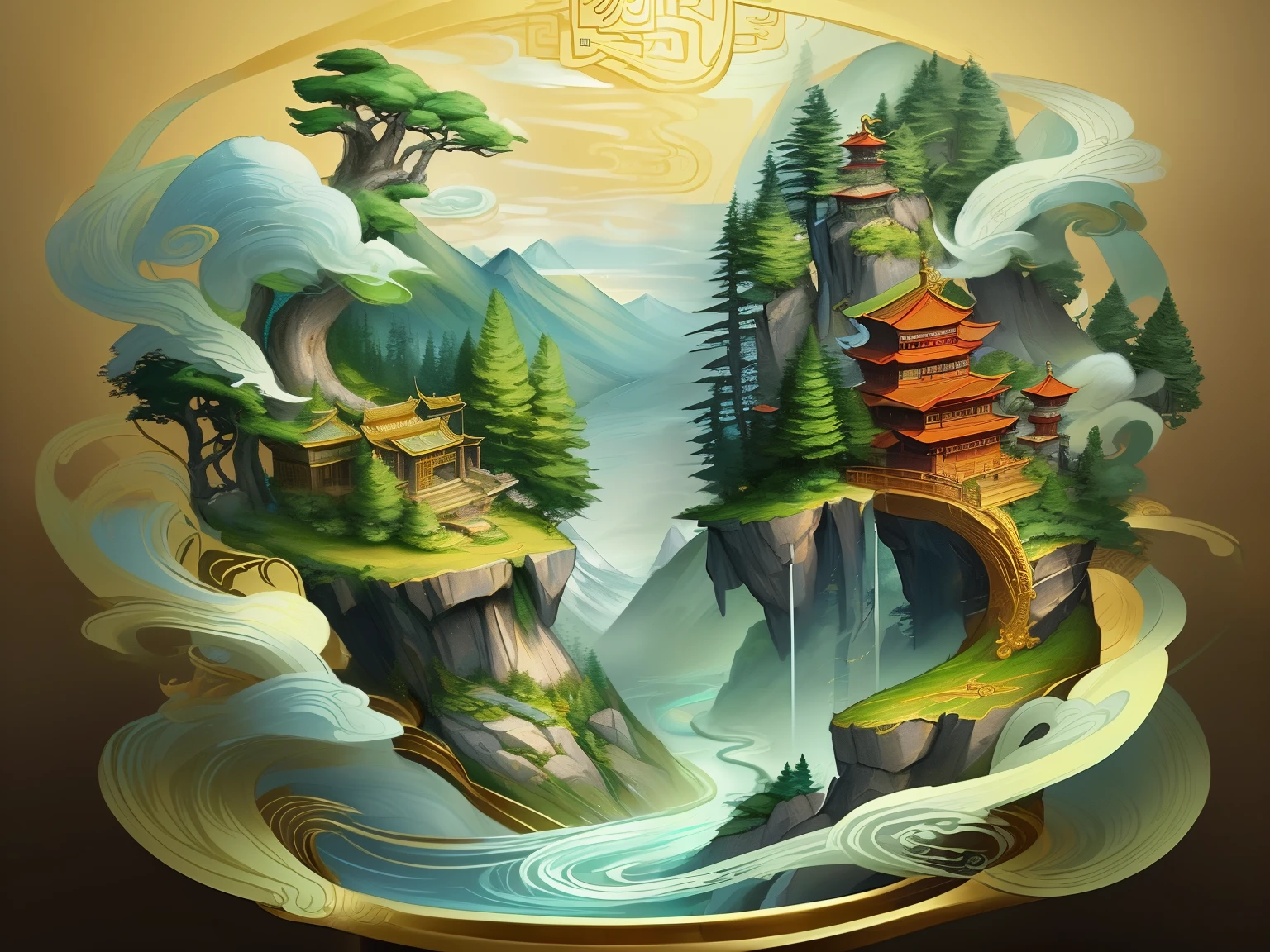 An open magical scroll painting，The scroll depicts the scenery of great rivers and mountains，There is a small tree growing on the scroll，A dark green glowing golden spruce tree，Ancient Chinese Mythology and Art，antique art，The background is decorated with auspicious clouds and silk ribbons，Elegant and peaceful atmosphere，concept art illustration，Ink painting color blooming，Light painting rendering，Xianxia large-scale game CG scene