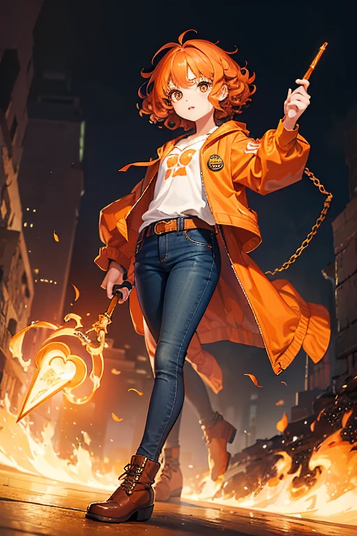 (masterpiece), best quality, expressive eyes, perfect face, 1girl, small lady, very curly hair, short hair, orange hair, orange eyes, young body, loli, Orange Jacket & Jeans, Holding a Magical Wand Chain Whip, combat boots, side view, full body