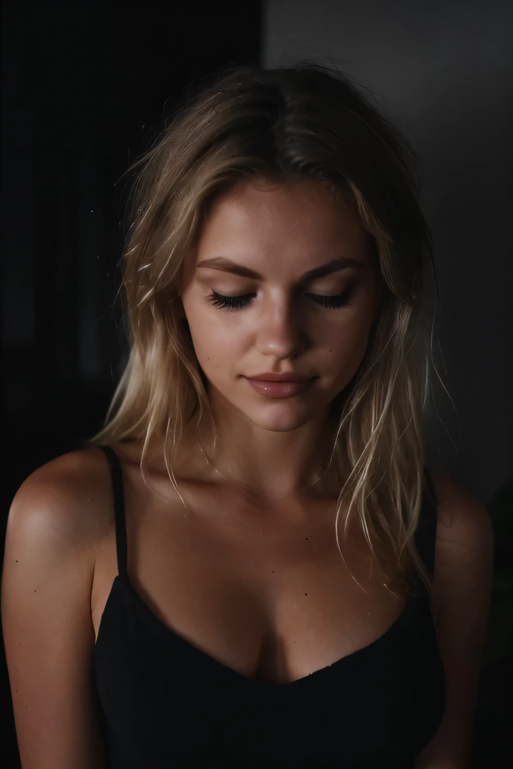 Photo profonde, profondeur de champ, Ferrania P30 Film, Porter un haut noir, ombre, messy hair, Blond, Visage et corps parfaits, Sombre, nuit, Sombre photo, Granuleuse, dimly lit, smiling seductively, Severe camera flash ((eyes closed))