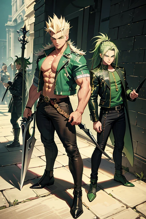Highly detailed, (masterpiece), best quality, expressive eyes, perfect face, 1man, Raised Spiked hair, long hair, Super Saiyans Hairstyle, green hair, sting_eucliffe, green eyes, Bulky Body Builder Masculine body, Green leather Jacket & Jeans, Holding a Gigantic Battle Axe Spear Hammer, combat boots, full body, back view