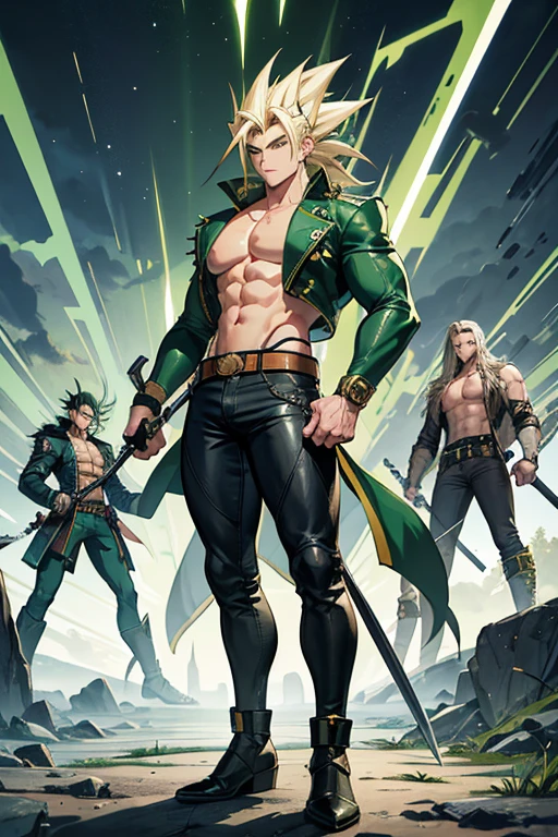Highly detailed, (masterpiece), best quality, expressive eyes, perfect face, 1man, Raised Spiked hair, long hair, Super Saiyans Hairstyle, green hair, sting_eucliffe, green eyes, Bulky Body Builder Masculine body, Green leather Jacket & Jeans, Holding a Gigantic Battle Axe Spear Hammer, combat boots, full body, back view