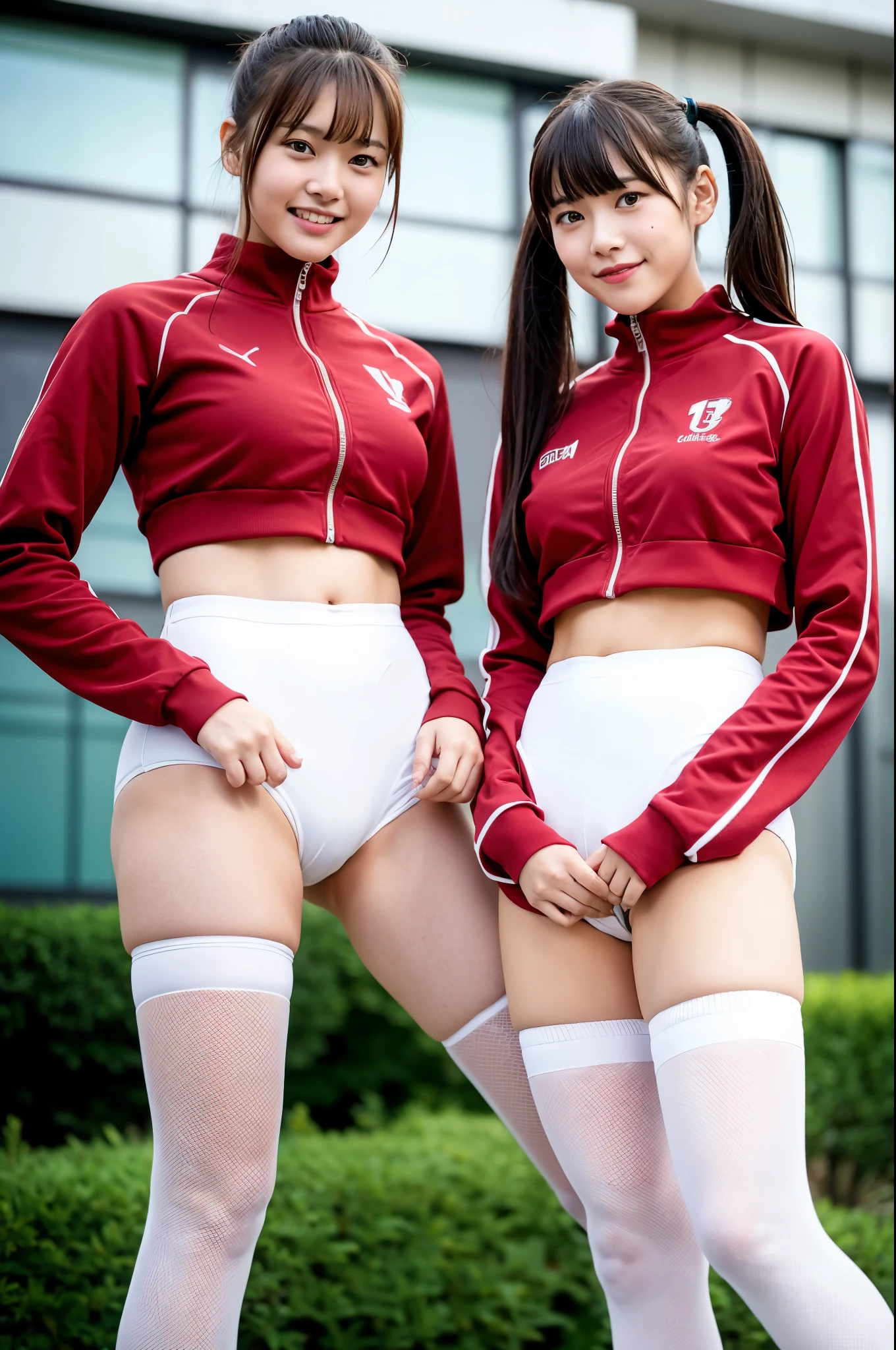 girls standing in school ground,long-sleeved dark red tracksuit top,speedo-style white briefs,white high socks,18-year-old,bangs,a little smile,thighs,knees,crotch,short cut hair,low ponytails,from below