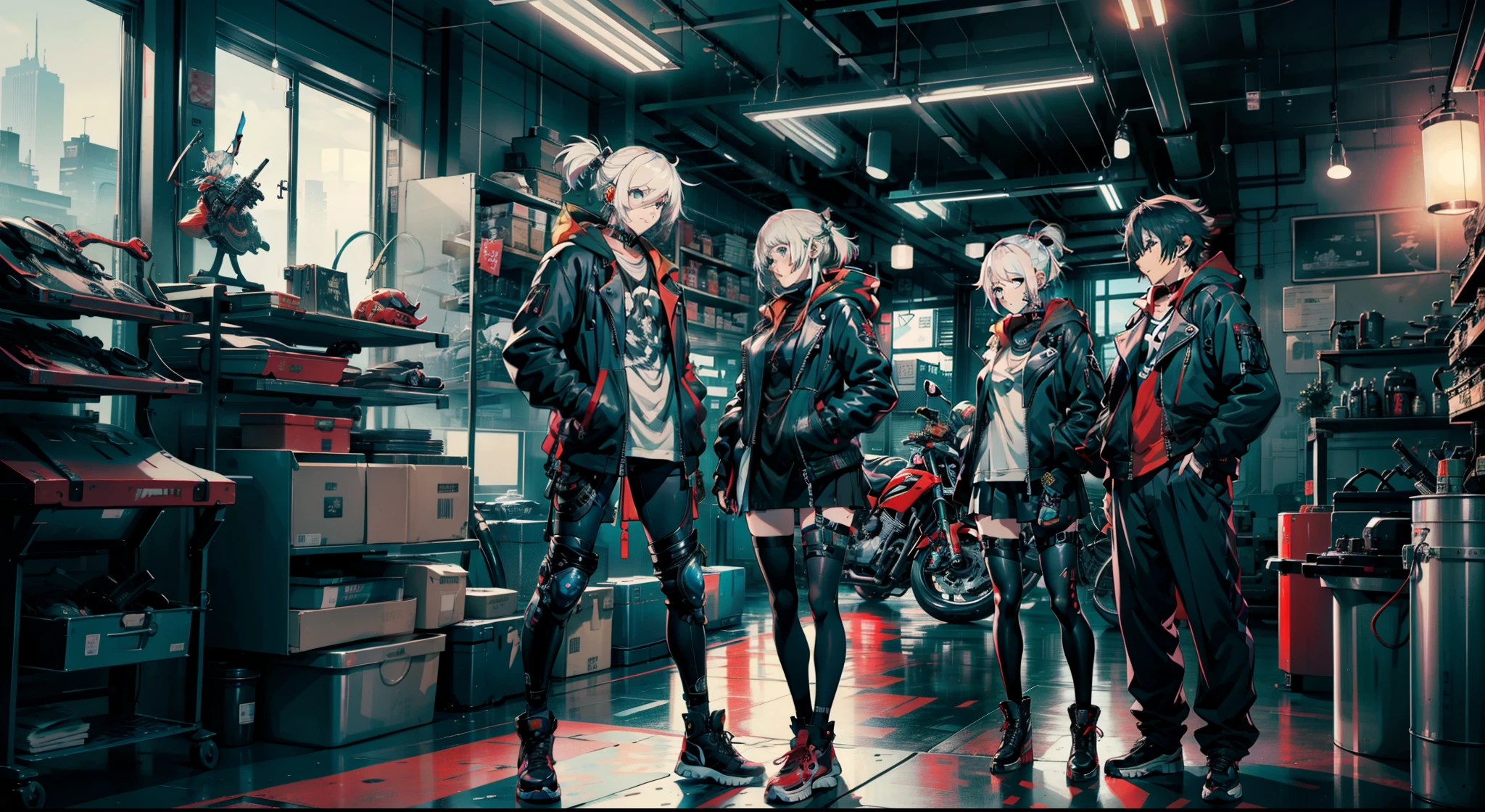 cyberpunked、girl with、mechanic、comical、Anime style、white hair、motor bikes、Rider Jacket、punk coloring、sity、ナイトsity、group