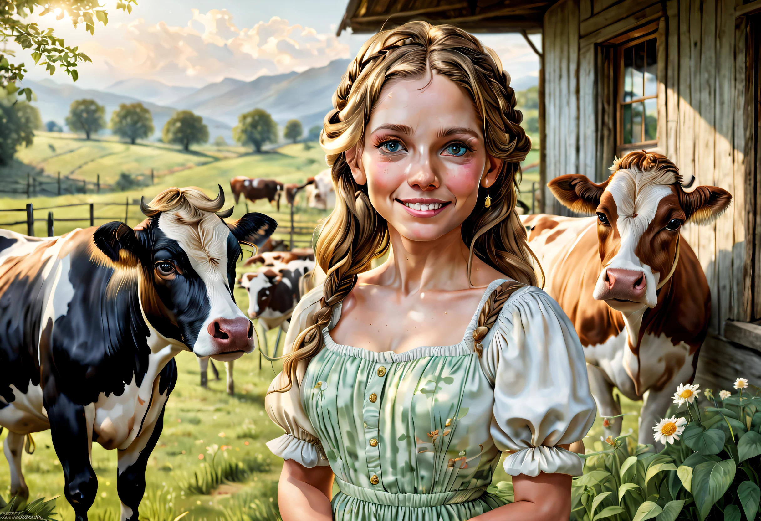 (best quality,4k,8k,highres,masterpiece:1.2),ultra-detailed,(realistic,photorealistic,photo-realistic:1.37),oil painting,portrait,beautiful detailed eyes,beautiful detailed lips,extremely detailed eyes and face,soft sunlight,gorgeous countryside,green meadows,peaceful atmosphere,hardworking farmer,traditional wooden farmhouse,happy cows,enjoying the fresh air,overflowing milk pails,freshly churned butter,every detail of the cows and farmer is well defined,sun-kissed skin,healthy and shining hair,double braid hairstyle,farm-related accessories,floral dress,joyful expression on the girl's face,expressing contentment and love for her work,friendly interaction between the girl and cows,golden sunlight illuminating the scene,natural colors and soft gradients,sumptuous texture,subtle brushstrokes,vibrant and harmonious color palette,naturalistic impression,capturing the tranquility and serenity of the countryside.