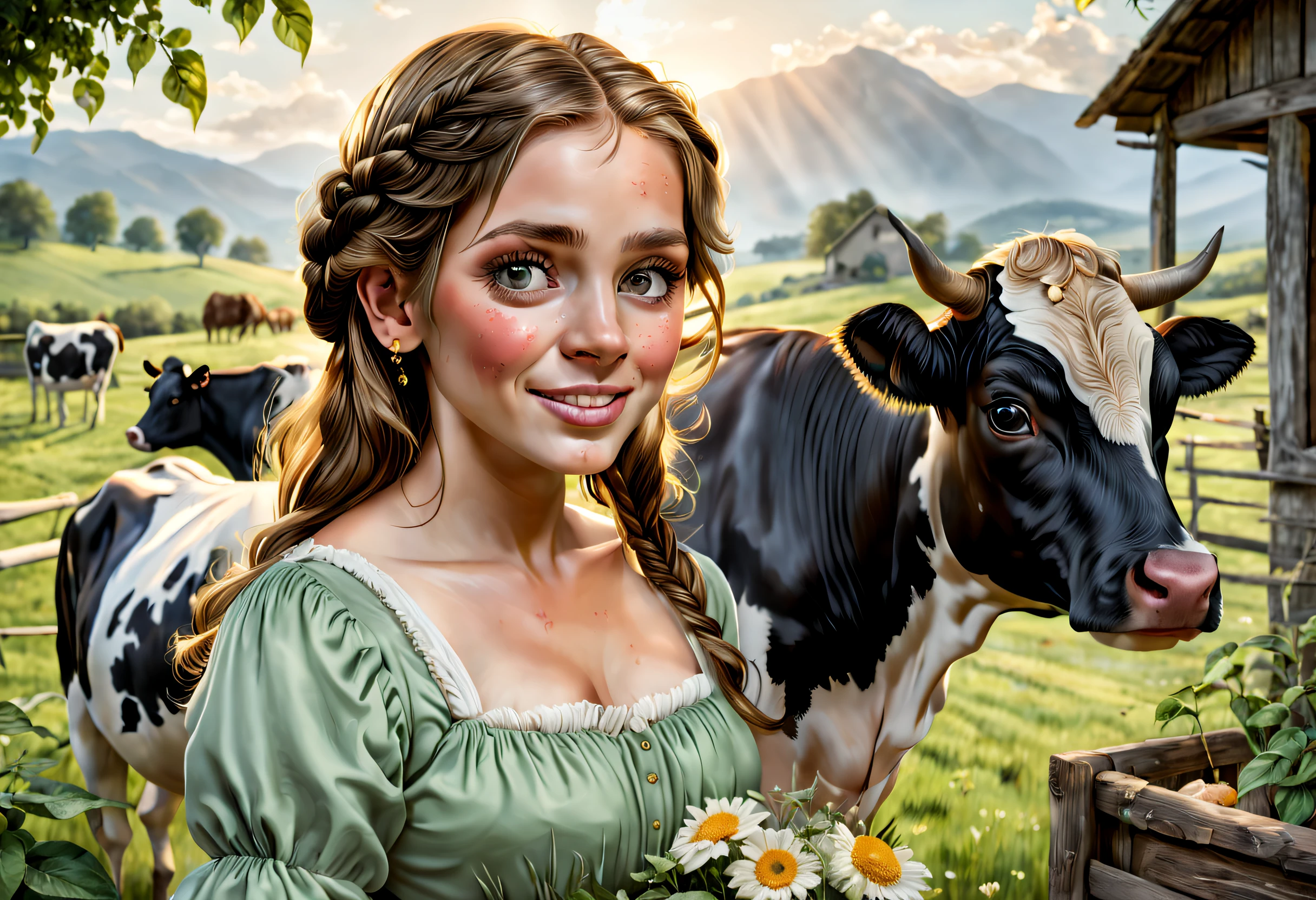 (best quality,4k,8k,highres,masterpiece:1.2),ultra-detailed,(realistic,photorealistic,photo-realistic:1.37),oil painting,portrait,beautiful detailed eyes,beautiful detailed lips,extremely detailed eyes and face,soft sunlight,gorgeous countryside,green meadows,peaceful atmosphere,hardworking farmer,traditional wooden farmhouse,happy cows,enjoying the fresh air,overflowing milk pails,freshly churned butter,every detail of the cows and farmer is well defined,sun-kissed skin,healthy and shining hair,double braid hairstyle,farm-related accessories,floral dress,joyful expression on the girl's face,expressing contentment and love for her work,friendly interaction between the girl and cows,golden sunlight illuminating the scene,natural colors and soft gradients,sumptuous texture,subtle brushstrokes,vibrant and harmonious color palette,naturalistic impression,capturing the tranquility and serenity of the countryside.