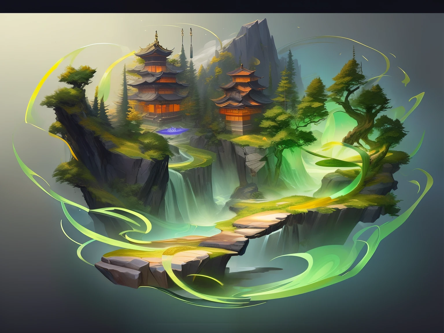 rich details,tmasterpiece, 8K, An open magical scroll painting,The scroll depicts the scenery of great rivers and mountains,There is a small tree growing on the scroll,A dark green glowing golden spruce tree,Ancient Chinese Mythology and Art,antique art,The background is decorated with auspicious clouds and silk ribbons,Elegant and peaceful atmosphere,concept art illustration,Ink painting color blooming,Light painting rendering,Xianxia large-scale game CG field