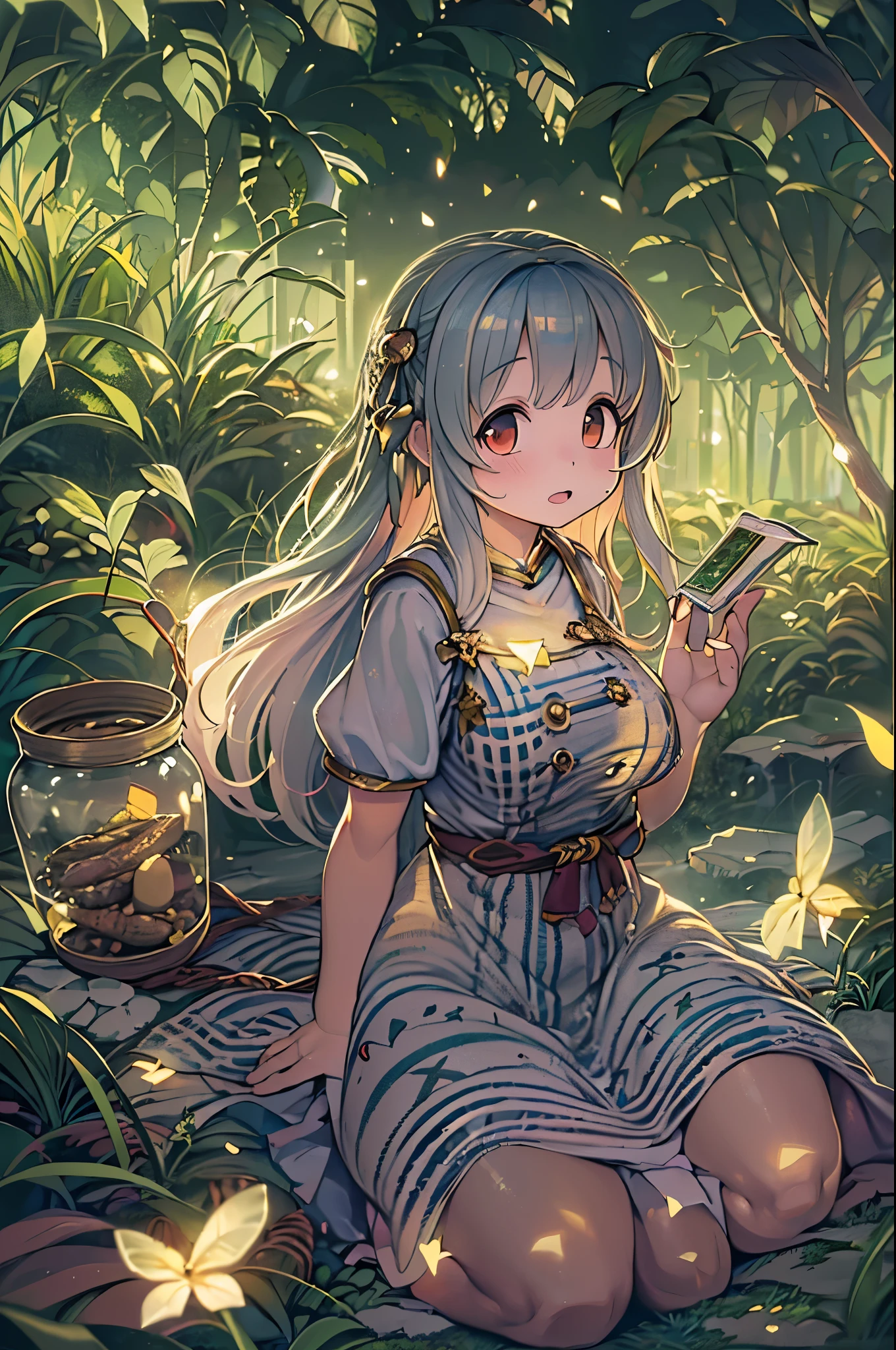 (8K, of the highest quality, masutepiece: 1.2), (Realistic, photoRealistic: 1.37), Super Detail, One girl, Wide-angle angle of view, Firefly Garden, There are many small faint lights and fireflies flying around, Night,Chibi、huge-breasted