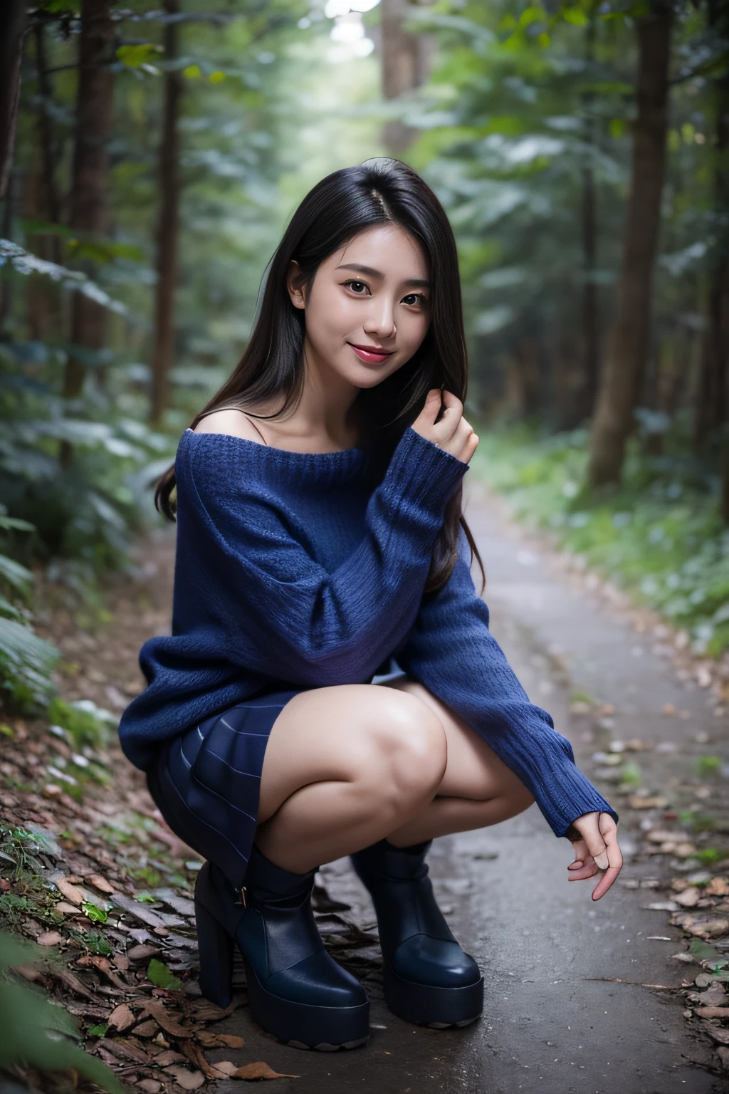 An arafe woman wearing a blue sweater and purple skirt is squatting, a portrait by Juan O'Gorman, Tumbler, Digital Art, Blue sweater, Dark blue, 2 4 years old female model, edited, stunn, in a navy blue sweater, Blue clothes, beautiful image, rendered, blue clothing, Blue, Purple, Dark blue clothes,Cute smile,Beautie,Nicolas Poussin-style landscape