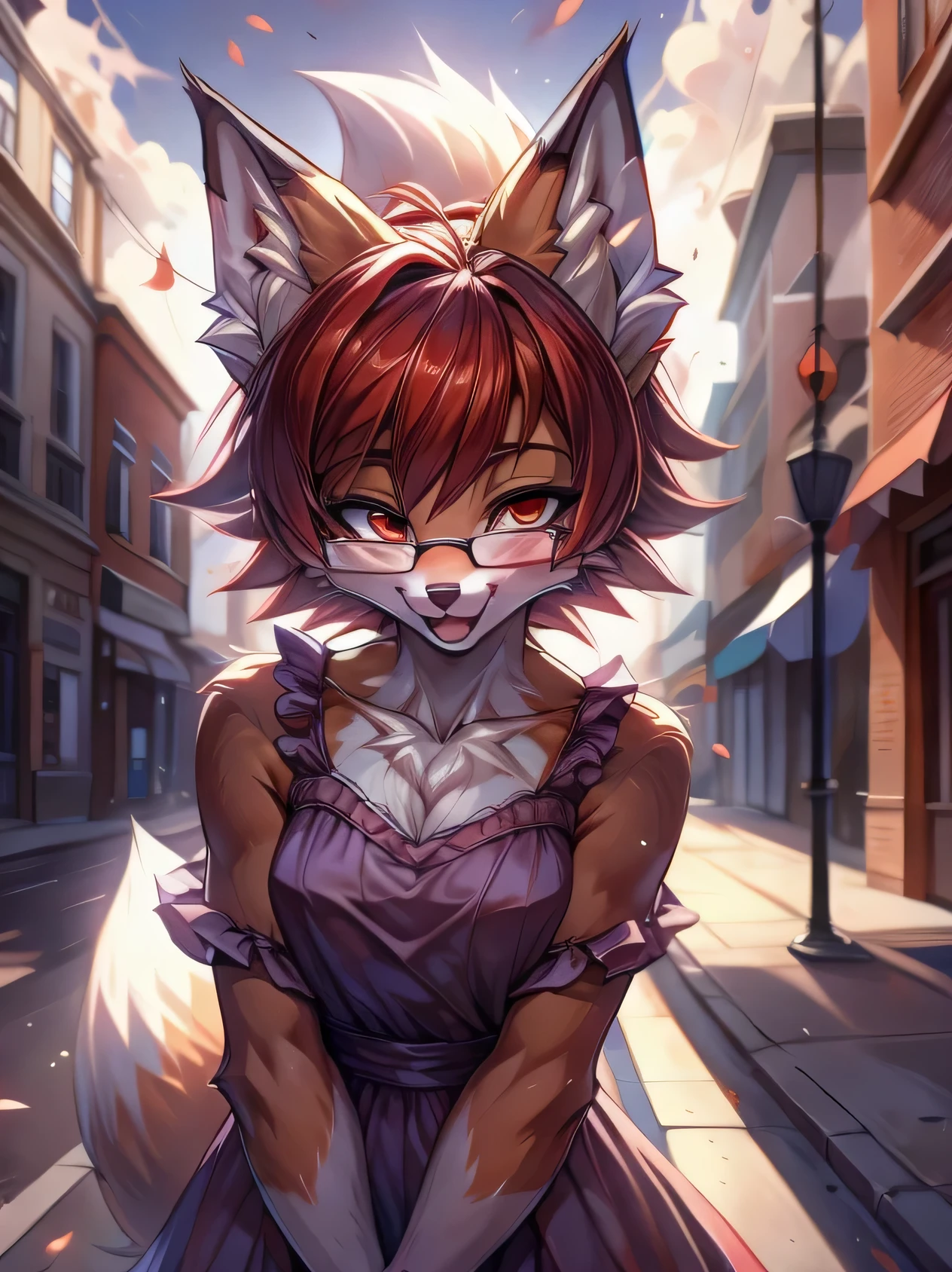 1 person, fox furry girl with short red hair, fluffy hair shy, beautiful red eyes, wearing glasses,  very  fluffy tail, small chest, bow in hair, , happy , happy mouth, young body, Good girl, wearing a dress, in the streets, being adorable, blushing, hands on her dress, closed eyes, leaning in for a kiss, tilted head, wanting to be loved,