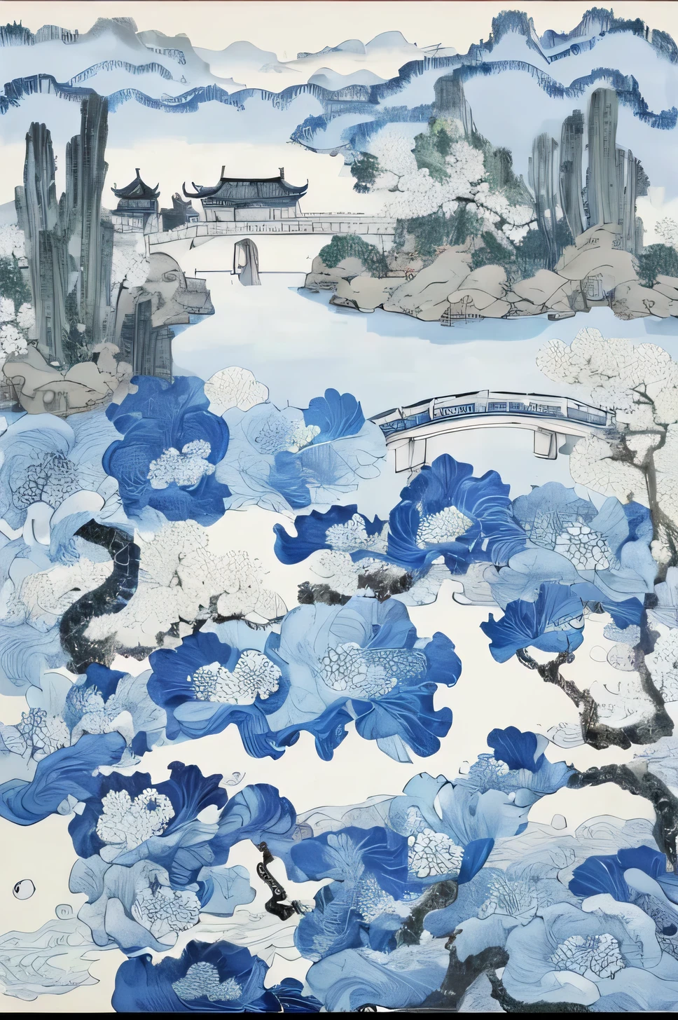 Painting close-up of a bridge over a body of water,Flowers blooming in front of the Qing Dynasty gate, chinese paintings风格, Inspired by Wang Yuanqi, inspired by Katsushika Hokusai, chinese paintings, Inspired by Yun Shouping, inspired by Katsushika Hokusai, Blue and white porcelain color matching，The picture is dense and orderly