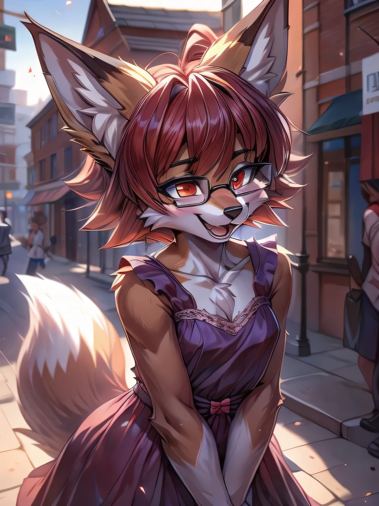 1 person, fox furry girl with short red hair, fluffy hair shy, beautiful red eyes, wearing glasses,  very  fluffy tail, small chest, bow in hair, , happy , happy mouth, young body, Good girl, wearing a dress, in the streets, being adorable, blushing, hands on her dress, closed eyes, leaning in for a kiss, tilted head, wanting to be loved,