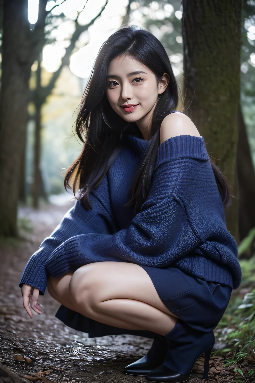 Cute smile,Arafed woman wearing a blue sweater and purple skirt squatting, a portrait by Juan O'Gorman, Tumbler, Digital Art, Blue sweater, Dark blue, 2 4 years old female model, edited, stunn, in a navy blue sweater, Blue clothes, beautiful image, rendered, blue clothing, Blue, Dark blue clothes, Purple, wearing an oversized sweater,Shoulder out,A sexy,Black heels,In the dark forest at dusk