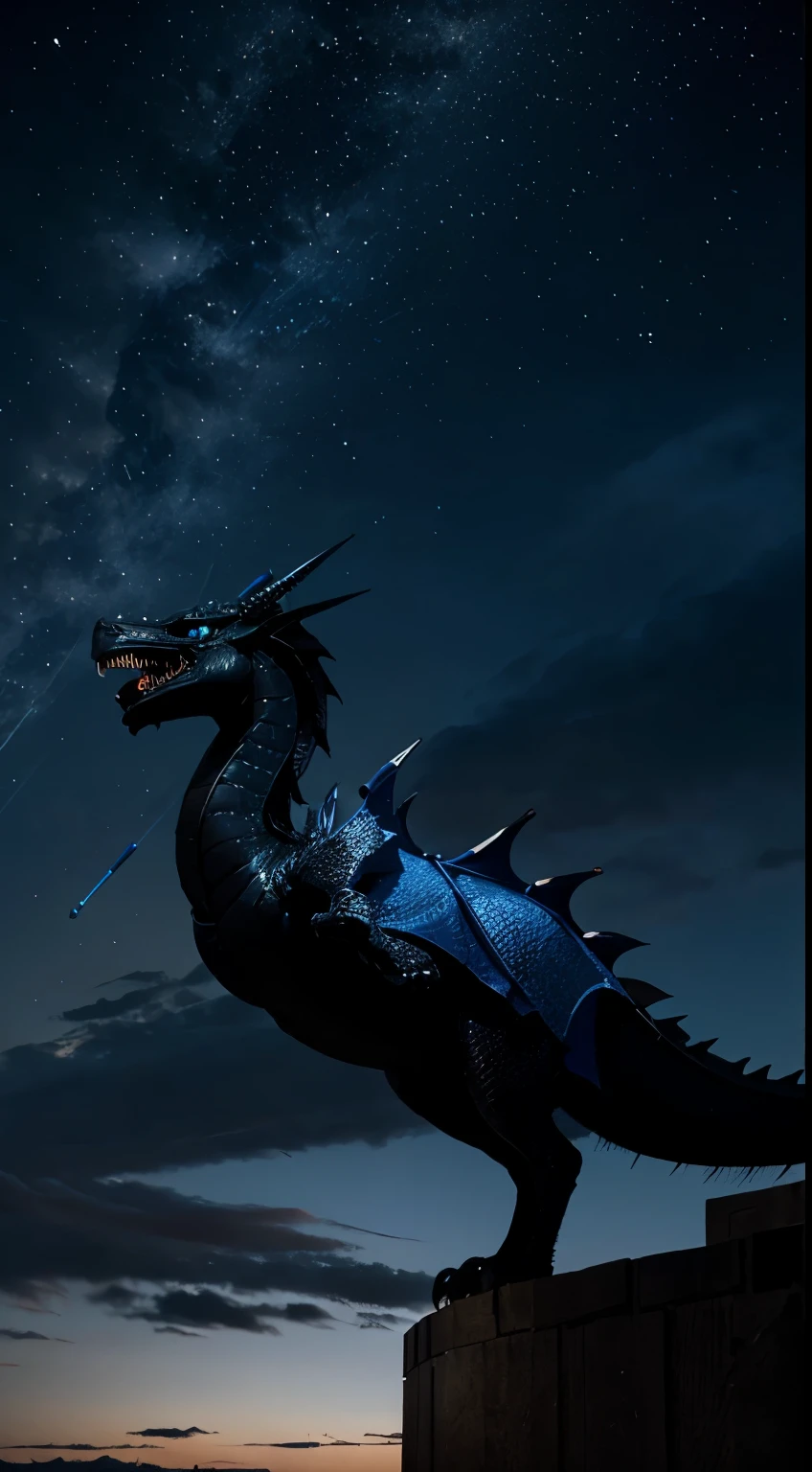 Black dragon with blue details flying in the night sky