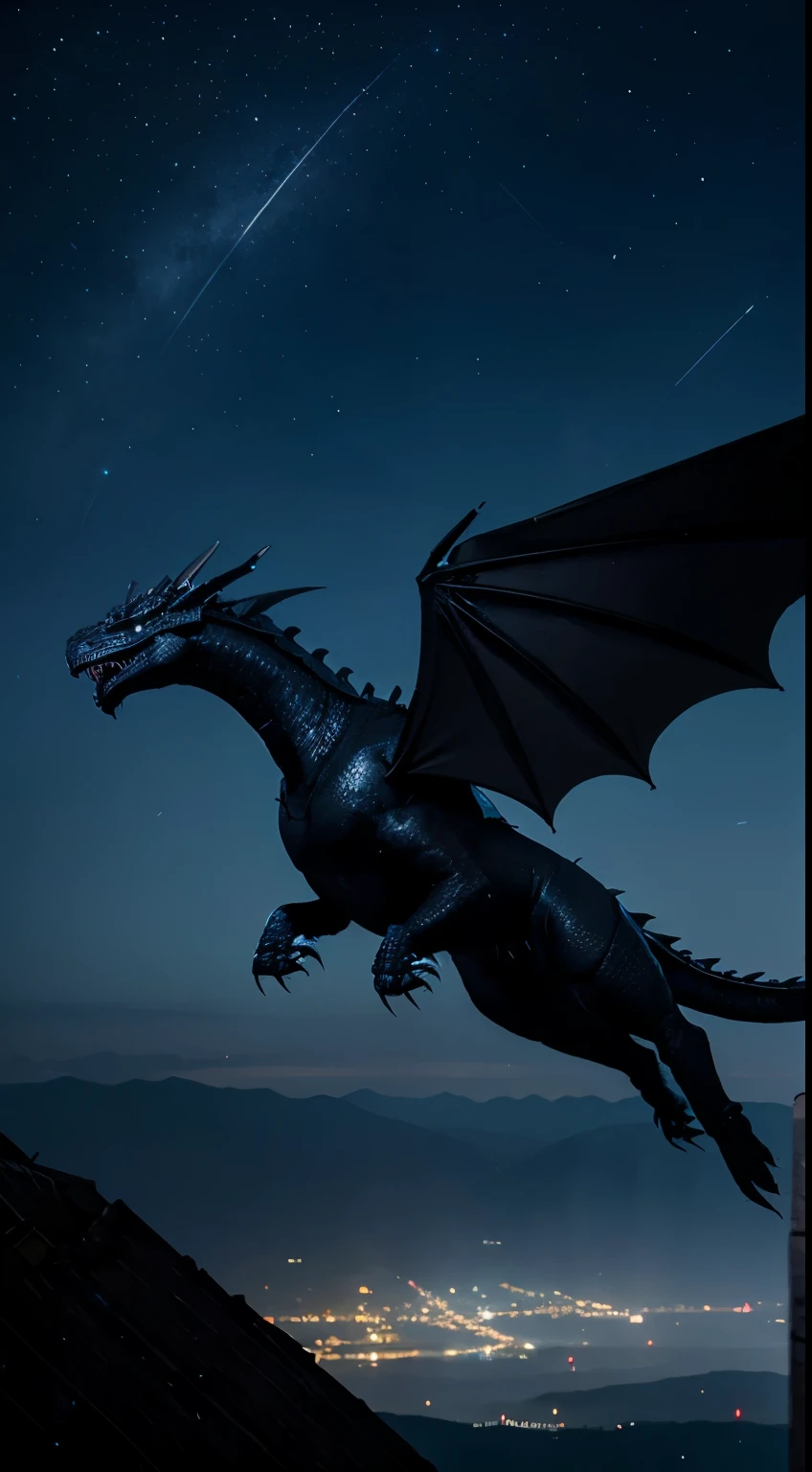 Black dragon with blue details flying in the night sky