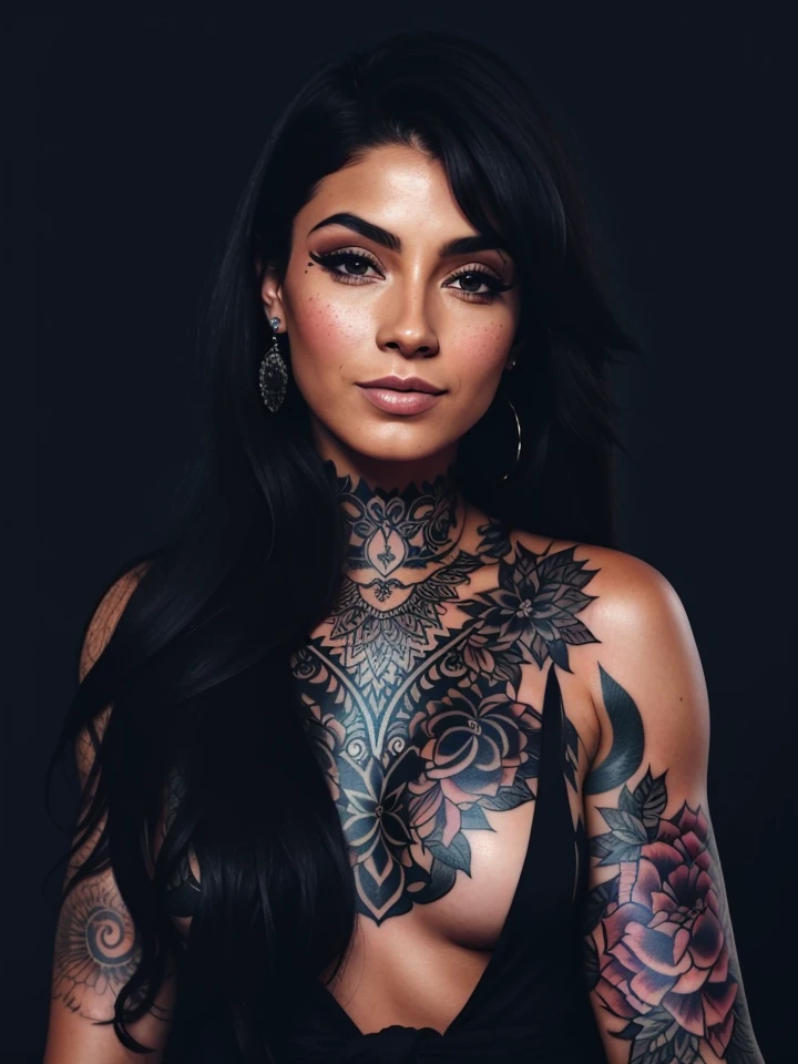 a woman with tattoos on her arms and chest, corpo superior realista bonito, corpo e rosto bonitos e detalhados, pele detalhada, Rosto e corpo detalhados, tatuagens por toda a pele, corpo e rosto detalhados, wlop pele brilhante, digital com tinta, pele altamente detalhada, pele tatuada, rosto e corpo extremamente detalhados, corpo inteiro detalhado, corpo intrincado, parte superior do corpo intrincada, Very detailed skin
