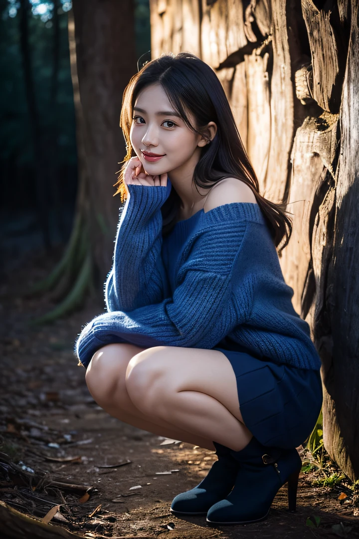 Cute smile,Arafed woman wearing a blue sweater and purple skirt squatting, a portrait by Juan O'Gorman, Tumbler, Digital Art, Blue sweater, Dark blue, 2 4 years old female model, edited, stunn, in a navy blue sweater, Blue clothes, beautiful image, rendered, blue clothing, Blue, Dark blue clothes, Purple, wearing an oversized sweater,Shoulder out,A sexy,Black heels,In the dark forest at dusk