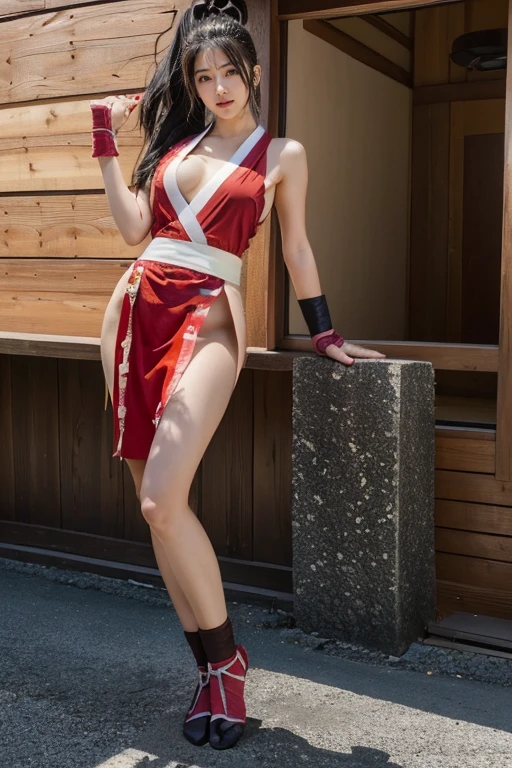 (mai shiranui:1.4), (tabi:2.0), (toe:1.2), (Full body portrait:2.0), Full body, (Realism), (masutepiece:2.0), (Best Quality), (ultra-detailliert), (8K, 4K, Convoluted), (Flat Lighting:1.2), (skinny), Prestige, Brown eyes, Long hair, brown eyes, long hair, brown hair, white ribbon, sleeveless, ponytail, sash, pelvic curtain, arm guards, gloves, tabi, fascinated expression, Sexy eyes, slim, medium breasts, Smile, Cute, view the viewer, Long hair, Close to Japan temple, (breasts focus:1.2), (Realistic:1.2), (Full Shot: 1.2), (85 mm), light Particle, Lighting, (Highly detailed:1.2), (Detailed face:1.2), (gradients), SFV, Colorful, (Detailed eyes:1.2), (Detailed temples of Japan: 1.2),(Detailed background), (Dynamic Angle:1.2), (Dynamic Pose:1.2), (Line of action:1.2), Wide Shot, Daylight, Solo.