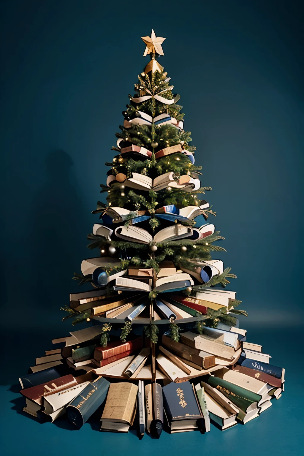 An entire Christmas tree made of books, with a blue background, with a blank space above it