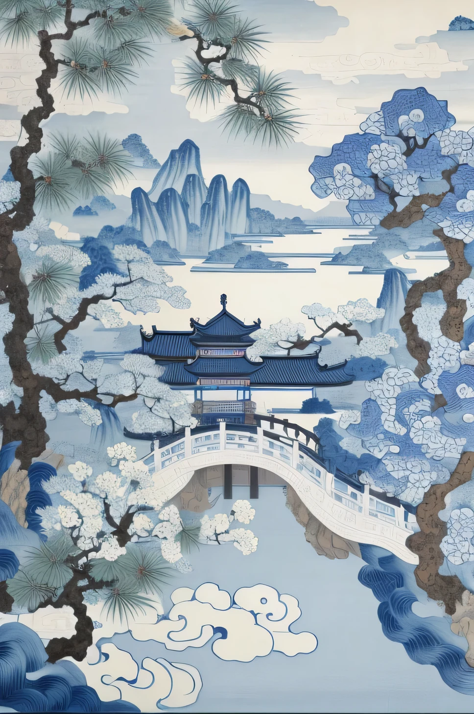 There is a painting，The painting shows a bridge over a river，There are trees, chinoiserie pattern, chinese blue and white porcelain, ancient china art style, chinoiserie wallpaper, traditional chinese art, Chinese landscape, chinese paintings风格, oriental wallpaper, chinese paintings, Qing dynasty, inspired by Katsushika Hokusai, In line with ancient Chinese aesthetics, inspired by Katsushika Hokusai