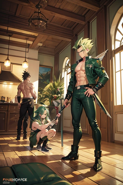 Highly detailed, (masterpiece), best quality, expressive eyes, perfect face, 1man, Raised Spiked hair, long hair, Super_Saiyans_Trunks Green Hairstyle, green hair, sting_eucliffe, green eyes, Bulky Body Builder Masculine body, Green leather Jacket & Jeans, Holding a Gigantic Battle Axe Spear Hammer, combat boots, full body, back view