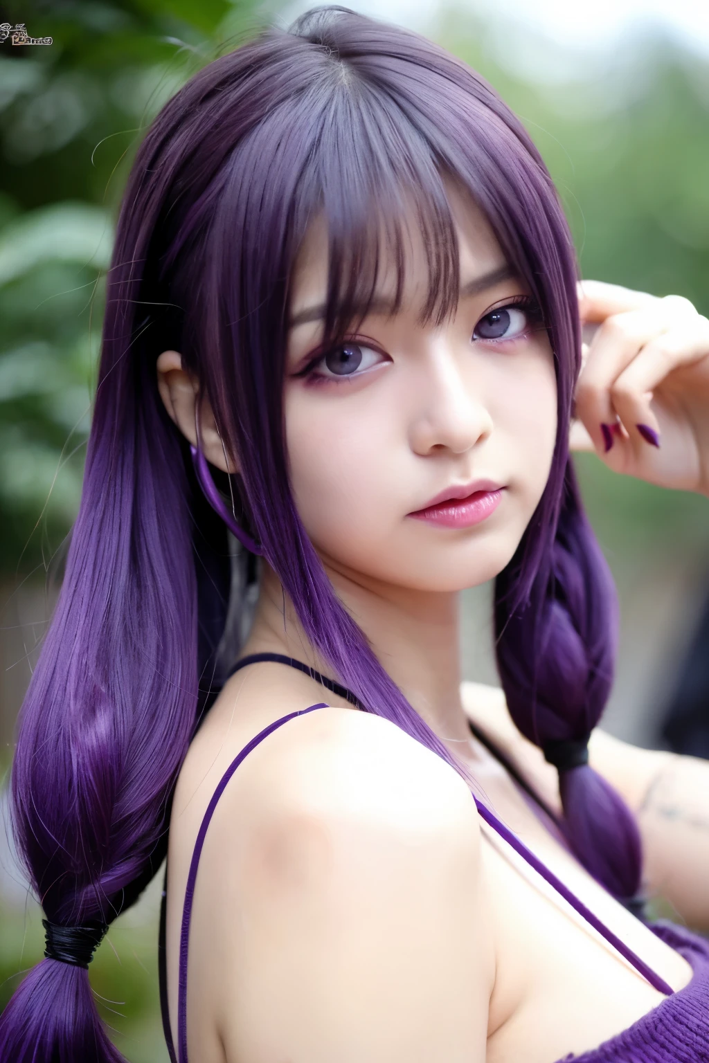 she has purple eyes. she has purple hair. It is a straight twin tail. I'm wearing mine style. They use their big dicks to have rough sex. They have very intense sex. You have an ahegao face.