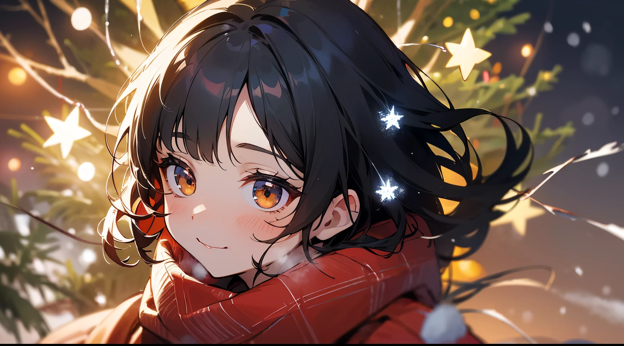 top-quality、Top image quality、​masterpiece、girl with ((Sweaters_Dress, Winters_coat, Winters_scarf,、Beautiful brown eyes, Medium black hair、dye one's cheeks red、White breath、dye one's cheeks red、A slight smil、Shining eyes)), hiquality、Beautiful Art、Background with((Norse man、City of bright nights:1.4、(Christmas Lights:1.5), (Big Christmas Tree:1.3)、(illuminations:1.5), (((Snow Town))) )),soft clean focus, Elegant,Active Angle,Dynamism Pose, pantomime art、expressive body language、silent storytelling、visual narratives、(Arched back:1.4)、(look at viewr:1.2)、Kamimei、From  above