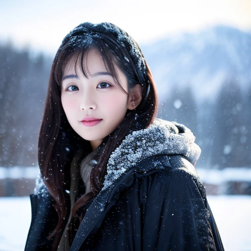 a beauty girl　A dark-haired　barechested　snow country