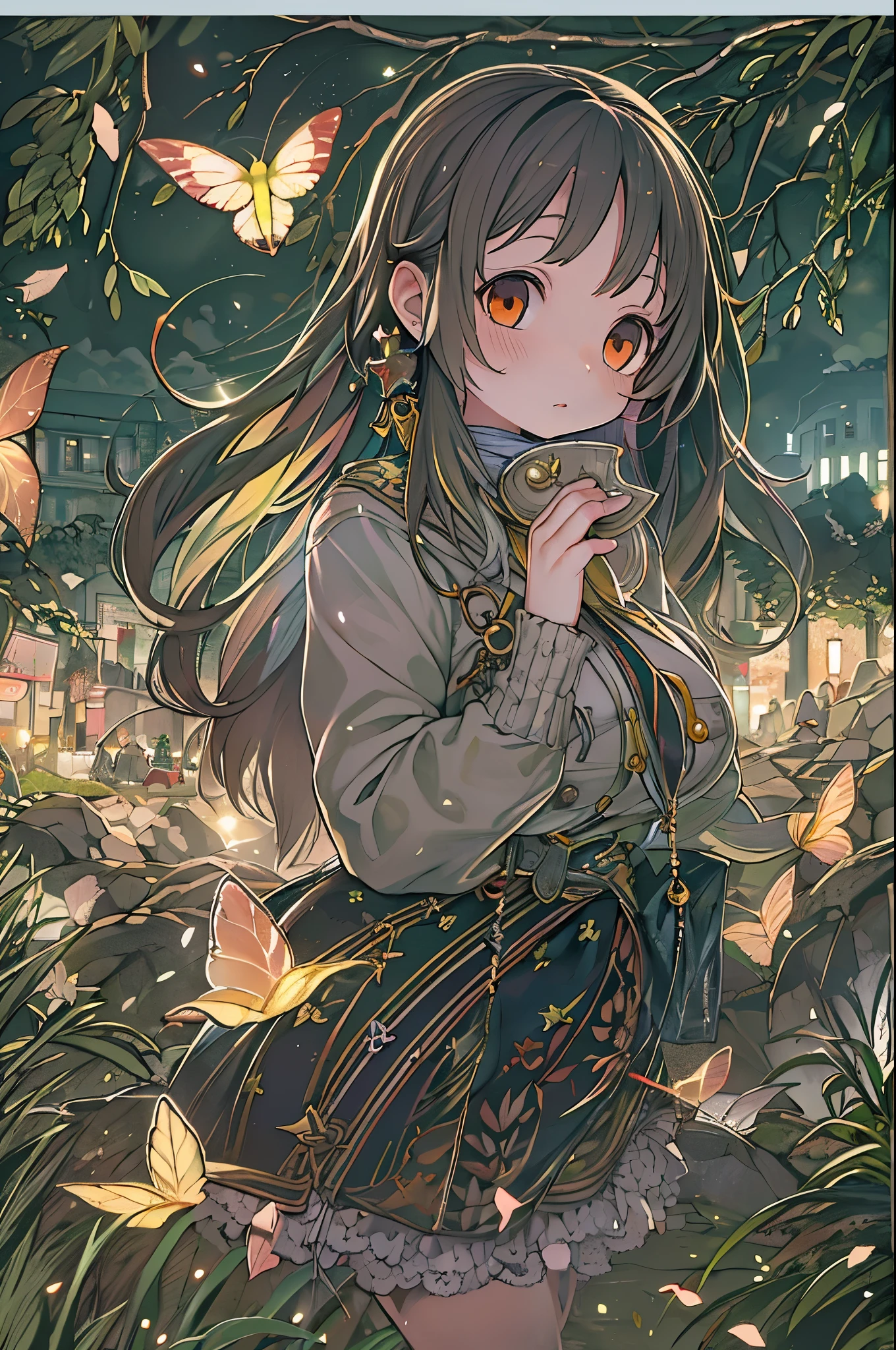 (8K, of the highest quality, masutepiece: 1.2), (Realistic, photoRealistic: 1.37), Super Detail, One girl, Wide-angle angle of view, Firefly Garden, There are many small faint lights and fireflies flying around, Night,Chibi、huge-breasted
