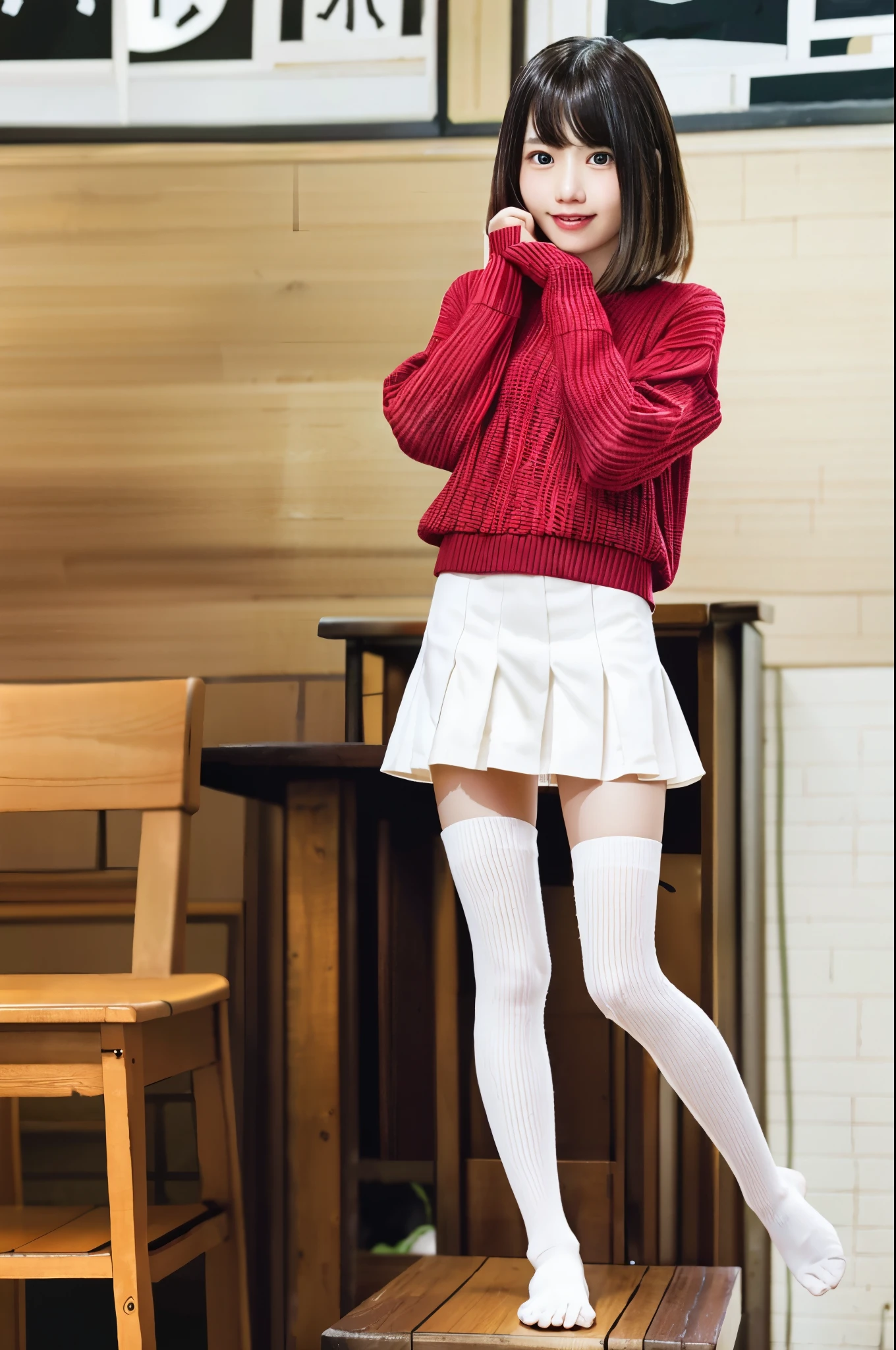 Asian woman in a cafe wearing a skirt and knee-high socks, wearing skirt and high socks, full body cute young lady, thighhighs and skirt, pretty face with arms and legs, of a schoolgirl posing, Casual pose, Japanese portrait , various poses shooting photos, Japanese Models, Satisfying Pose, japanese girl school uniform, Cute Schoolgirl, wearing skirt,a smile、Red sweater