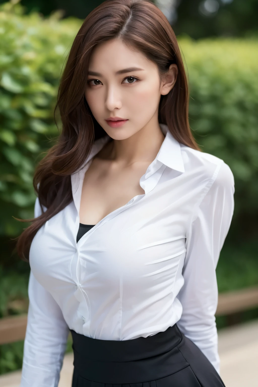 ((top-quality、8K、masterpiece:1.3))、Crisp focus:1.2、Beautiful Women in Perfect Style:1.4、Slender Abs:1.2、((dark brown hair:1.2))、(White button-up long shirt:1.1)、Highly detailed facial and skin texture、A detailed eye、二重まぶた、(sexy pose:1.1)、Black cloth skirt、Colossal tits