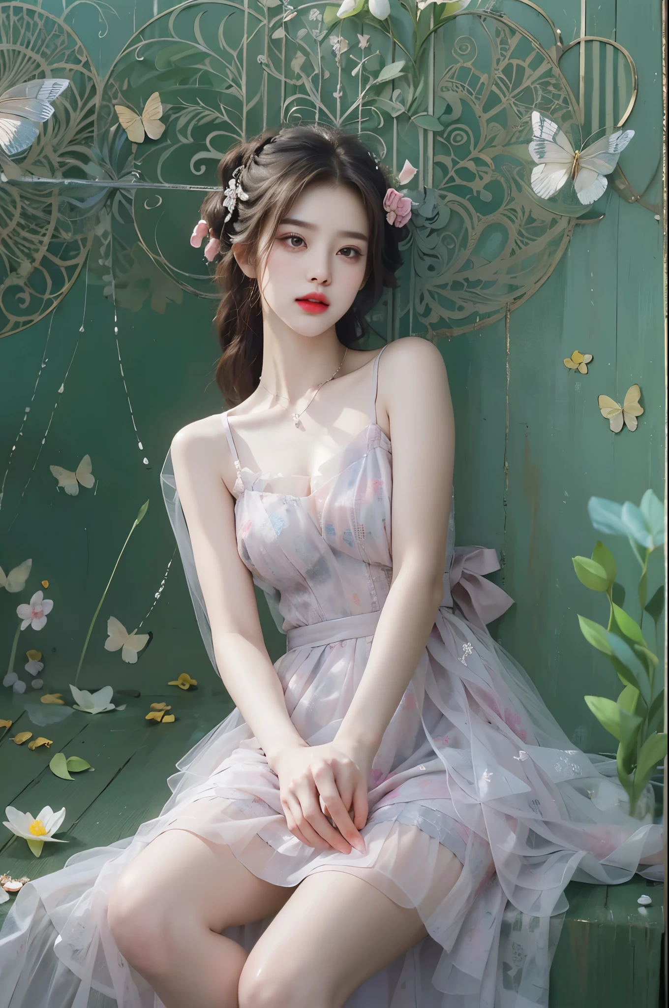 Sweet girl dress2,dress, ((knee shot)), photorealestic、real photograph、((realisticlying:1.5))、周围头发有白butterflys兰，Lilac dendrobium、white lilies、1 girl in、Brown hair、floated hair、Hazy beauty、A plump chest, cleavage, slender leg, Seductive legs, posing elegantly, Have extremely beautiful facial features、Hairpin on the head、perfect hand、(springtime、raining day、butterflys、precipice)、 vectorial art、Chinese contemporary art、Soft lighting、looking-down