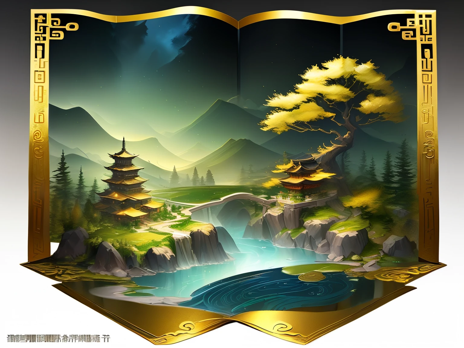 rich details,tmasterpiece, 8K, An opened magical scroll painting,The scroll depicts the scenery of great rivers and mountains,There is a small tree growing on the scroll,A dark green glowing golden spruce tree,Ancient Chinese Mythology and Art,antique art,The background is decorated with auspicious clouds and silk ribbons,Elegant and peaceful atmosphere,concept art illustration,Ink painting color blooming,Light painting rendering,Xianxia large-scale game CG field