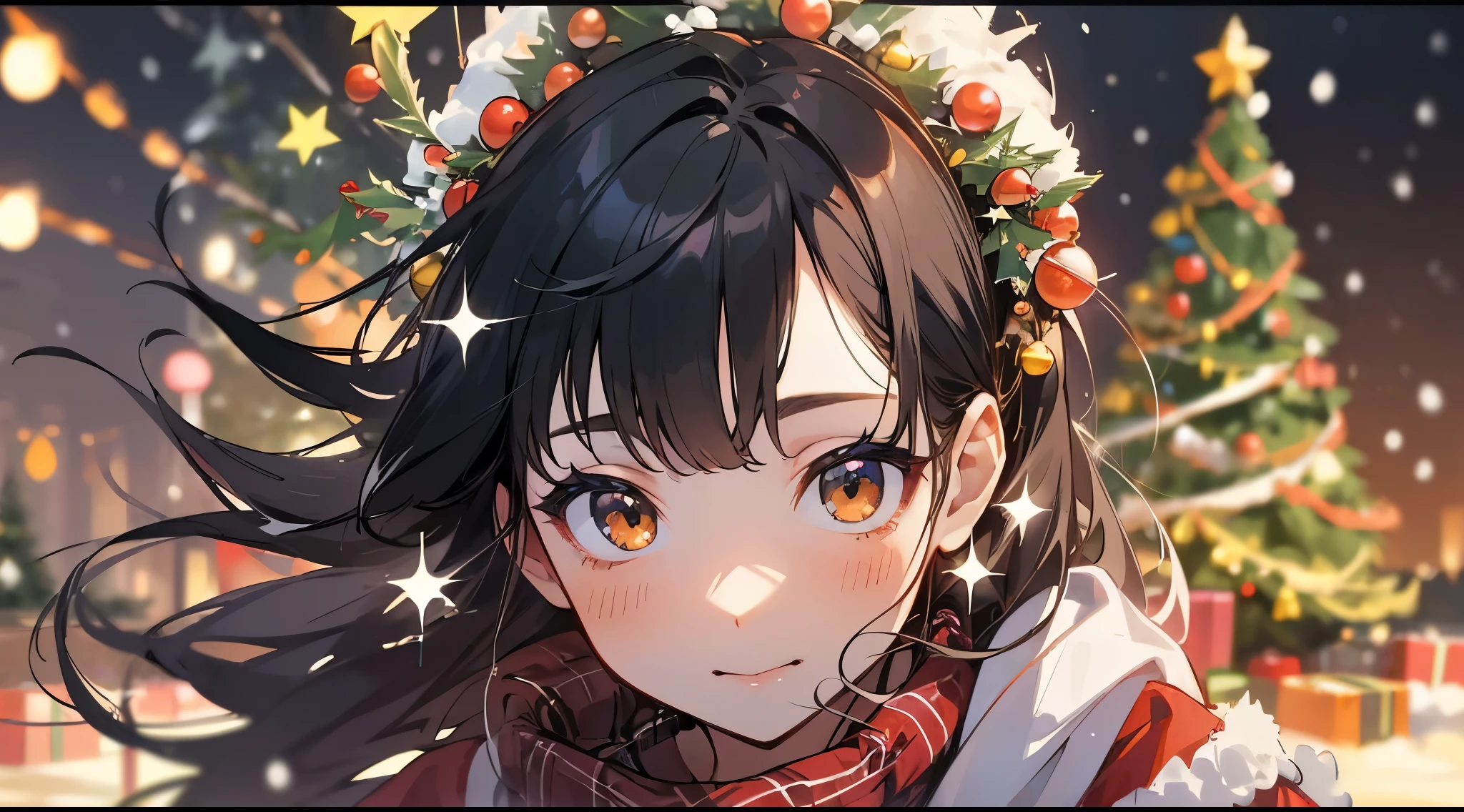 top-quality、Top image quality、masterpiece、girl with ((Sweaters_Dress, Winters_coat, Winters_scarf,、Beautiful brown eyes, Medium black hair、dye one's cheeks red、White breath、dye one's cheeks red、A slight smil、Shining eyes)), hiquality、Beautiful Art、Background with((City of bright nights:1.4、(Christmas Lights:1.5), (Big Christmas Tree:1.3)、(illuminations:1.5), (((Snow Town))) )),soft clean focus, Elegant,Active Angle,Dynamism Pose, pantomime art、expressive body language、silent storytelling、visual narratives、(Arched back:1.4)、(look at viewr:1.2)、Kamimei、From above