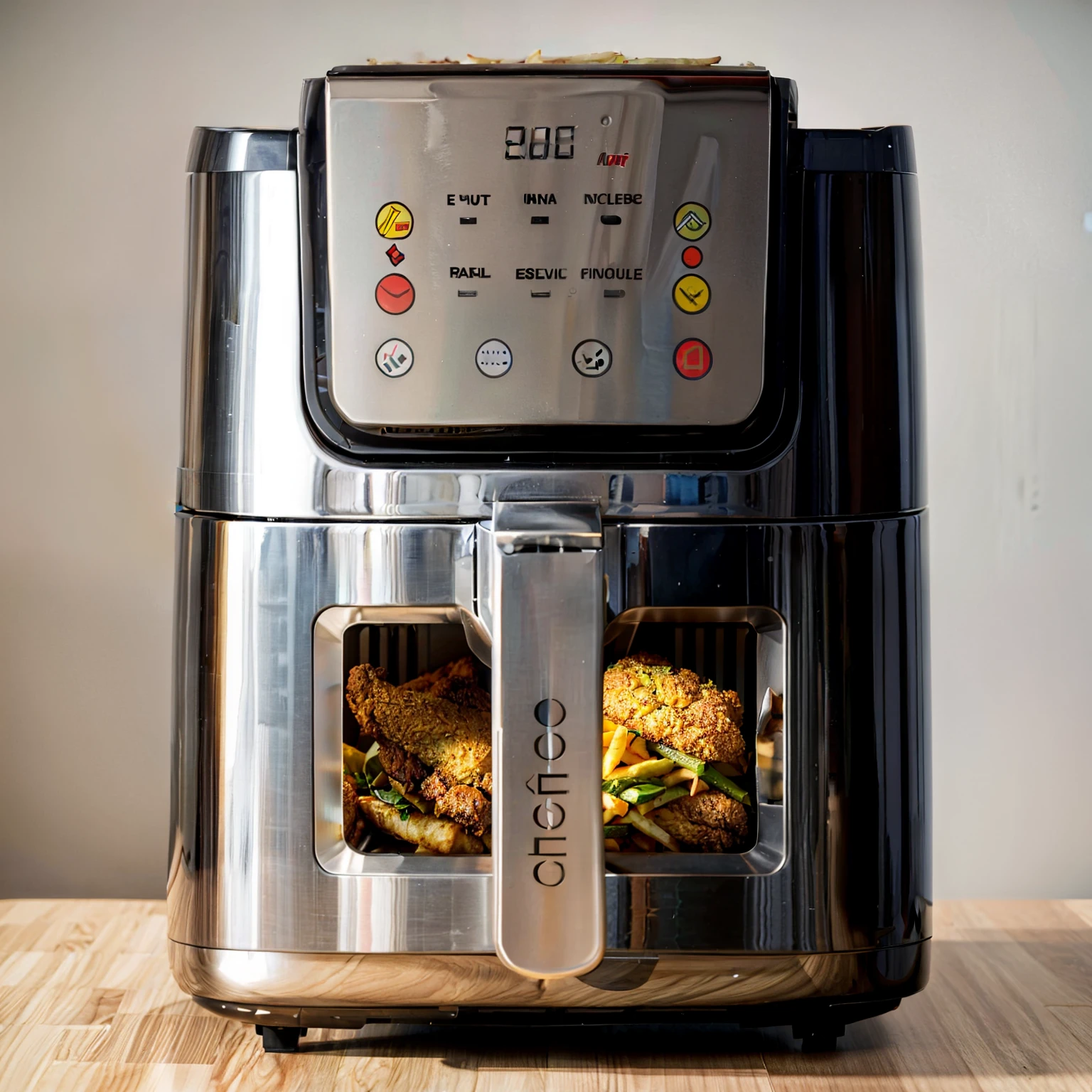 An air fryer is placed on a display stand, surrounded by French fries, fried chicken, vegetables, steak, against a uniform background, realistic, photographed in a studio setting, clear, high detail.