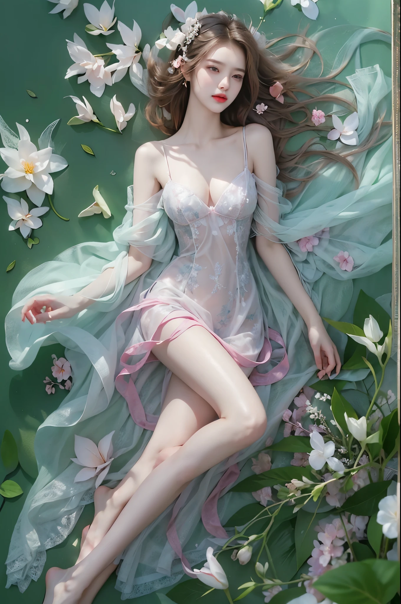 Sweet girl dress2,dress, ((knee shot)), photorealestic、real photograph、((realisticlying:1.5))、周围头发有白butterflys兰，Lilac dendrobium、white lilies、1 girl in、Brown hair、floated hair、Hazy beauty、A plump chest, cleavage, slender leg, Seductive legs, posing elegantly, Have extremely beautiful facial features、Hairpin on the head、perfect hand、(springtime、raining day、butterflys、precipice)、 vectorial art、Chinese contemporary art、Soft lighting、looking-down