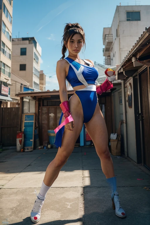 A high-quality digital artwork of Chun-Li from Fortnite in a cosplay outfit, showcasing her full body. (best quality,4k,8k,highres,masterpiece:1.2), ul
tra-detailed, realistic:1.37, vibrant colors, sharp focus, studio lighting, professional, video game character, martial arts, energetic pose, battle-ready expression, dynamic background, urban setting, epic action scene, detailed costume, powerful kicks, wind-blown hair, intense look in her eyes.
