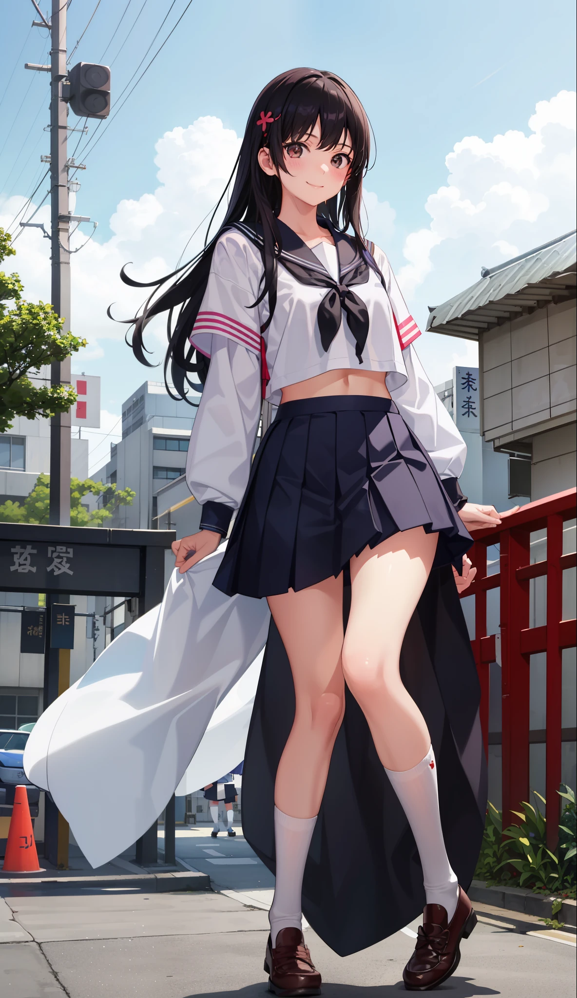 1girl in、A smile、The shirt、skirt by the、（small tits）Chilarism、Japan High School Student Uniform、serafuku、summer clothing、Squall Drenched Uniform、Highkick、Highkick最中、（Sheer Bra）、Upper body portrait、