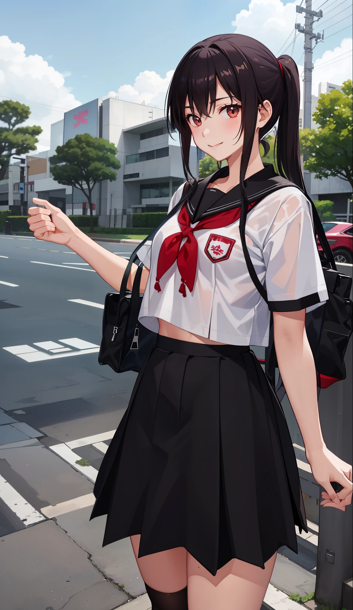 1girl in、A smile、The shirt、skirt by the、(small tits)Chilarism、Japan High School Student Uniform、serafuku、summer clothing、Squall Drenched Uniform、Highkick、Highkick最中、(Sheer Bra)、Upper body portrait、