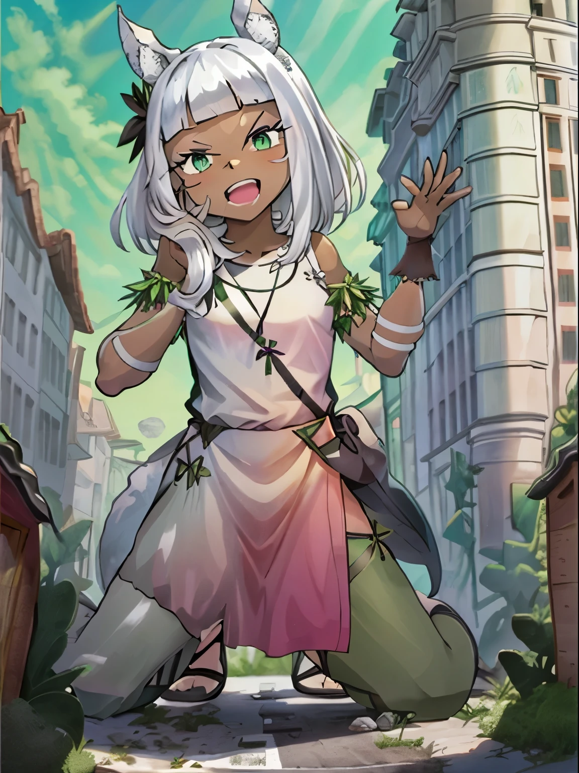 Ochette, girl, dark skin, white hair, green eyes, giantess, huge, 70 ft tall, cute, full body, best quality, pink dress, metal bracelets, larger than buildings, flat ground, street, ground visible, black shorts, adorable, kind, gentle, empty hands, small build, slim, smiling, detailed mouth, size difference, kneeling over skyscrapers, sandals, tiny city, socks, loose clothes, perfect proportions