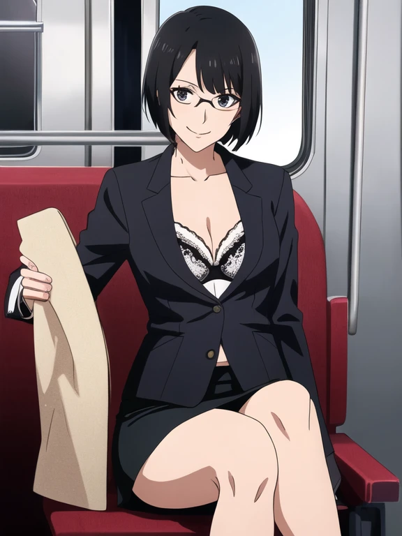 (Top resolution, Distinct_image), Best Quality, masutepiece, Highly detailed, semi - realistic, Woman with short black hair, Mature Woman, Triple bangs, Office Lady Suit, Tight mini skirt、All the buttons on her see-through shirt are undone, revealing her lace bra.　Sitting in a train chair、A slender　Open your legs、I can see the lace panties　eye glass、interview。Inviting eyes　a smile　high-heels