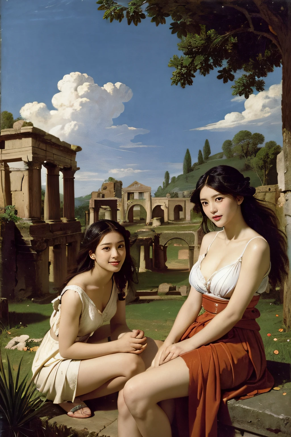 Ancient Roman ruins,Poussin-style landscape,A smile,,Sweet and seductive appearance.、Caravaggio's paintings、Chiaroscuro of Caravaggio、Hair disheveled in the wind,Two women frolicking,Cute smile, Expression of ecstasy,A sexy,erotick