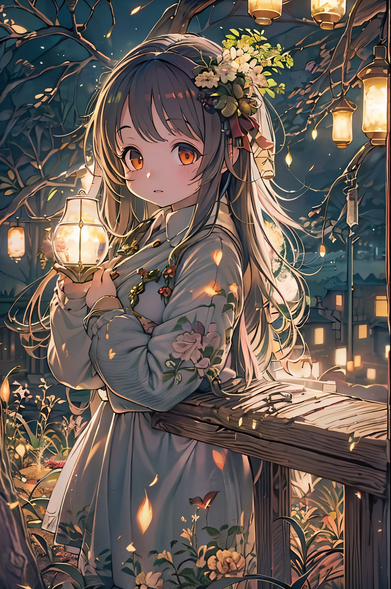 (8K, of the highest quality, masutepiece: 1.2), (Realistic, photoRealistic: 1.37), Super Detail, One girl, Wide-angle angle of view, Firefly Garden, There are many small faint lights and fireflies flying around, Night,Chibi、huge-breasted