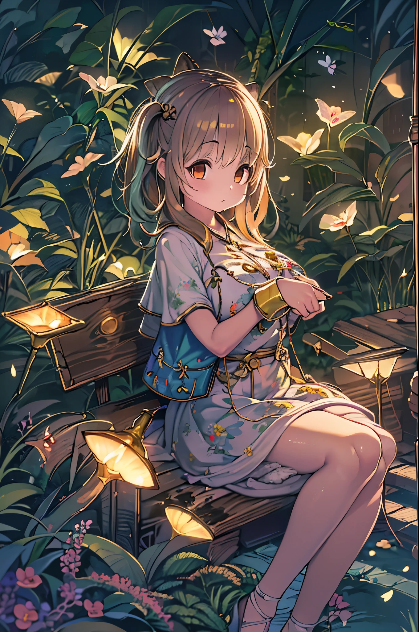 (8K, of the highest quality, masutepiece: 1.2), (Realistic, photoRealistic: 1.37), Super Detail, One girl, Wide-angle angle of view, Firefly Garden, There are many small faint lights and fireflies flying around, Night,Chibi、huge-breasted