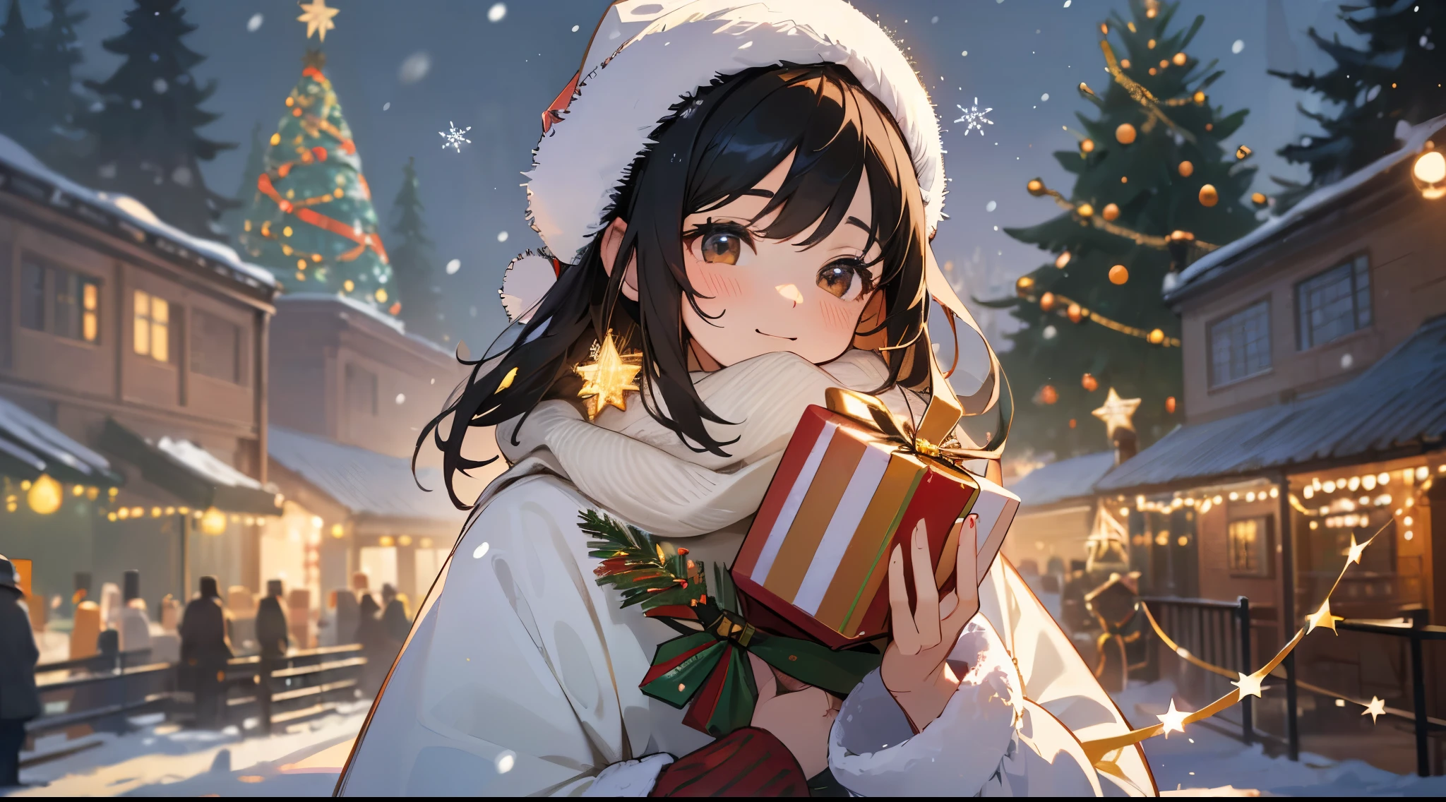 top-quality、Top image quality、masterpiece、girl with ((Sweaters_Dress, Winters_coat, Winters_scarf,、Beautiful brown eyes, Medium black hair、dye one's cheeks red、White breath、dye one's cheeks red、A slight smil、Shining eyes)), hiquality、Beautiful Art、Background with((City of bright nights:1.4、(Christmas Lights:1.5), (Big Christmas Tree:1.3)、(illuminations:1.5), (((Snow Town))) )),soft clean focus, Elegant,Active Angle,Dynamism Pose, pantomime art、expressive body language、silent storytelling、visual narratives、(upper body:1.4)、(look at viewr:1.2)