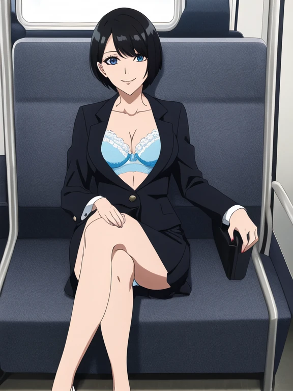 (Top resolution, Distinct_image), Best Quality, masutepiece, Highly detailed, semi - realistic, Woman with short black hair, Mature Woman, Triple bangs, Office Lady Suit, Tight mini skirt、All the buttons on her see-through shirt are undone, revealing her lace bra.　Sitting in a train chair、A slender　Open your legs、I can see the lace panties　eye glass、interview。Inviting eyes　a smile　high-heels